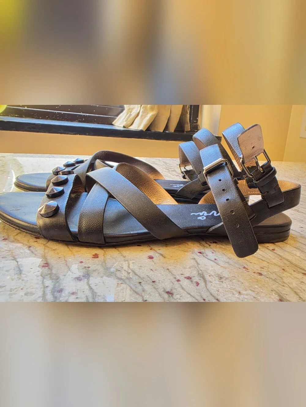 Lanvin Black Leather Studded Strappy Sandals with Ankle Buckles Size 37